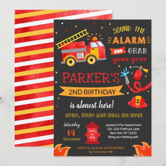 Fire Truck Birthday Party Invitation Fireman (Front/Back)