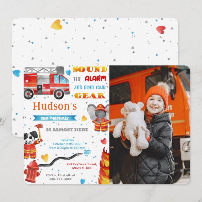 Fire Truck Birthday Photo Invitations (Front/Back)