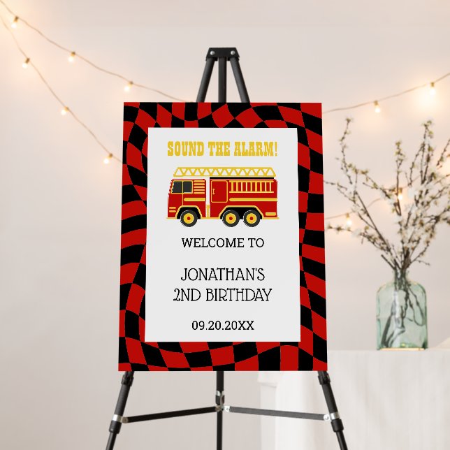 Fire Truck Black Red Checkered 2nd Birthday Foam Board (In Situ (Stand))