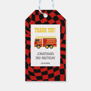 Fire Truck Black Red Checkered 2nd Birthday Gift Tags