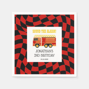 Fire Truck Black Red Checkered 2nd Birthday Napkins