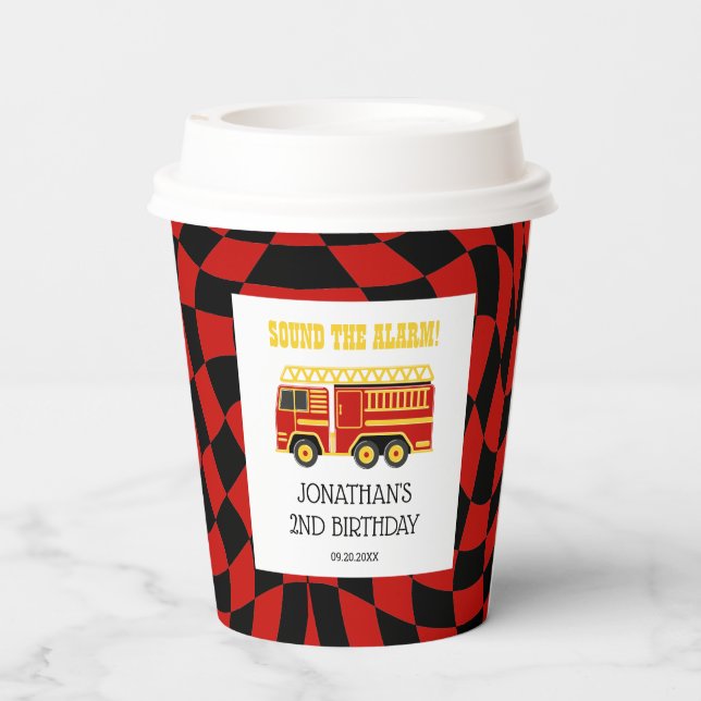 Fire Truck Black Red Checkered 2nd Birthday Paper Cups (Back)