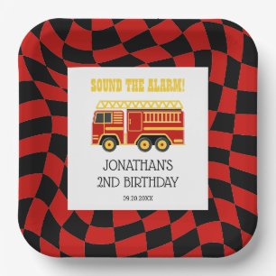 Fire Truck Black Red Checkered 2nd Birthday Paper Plates