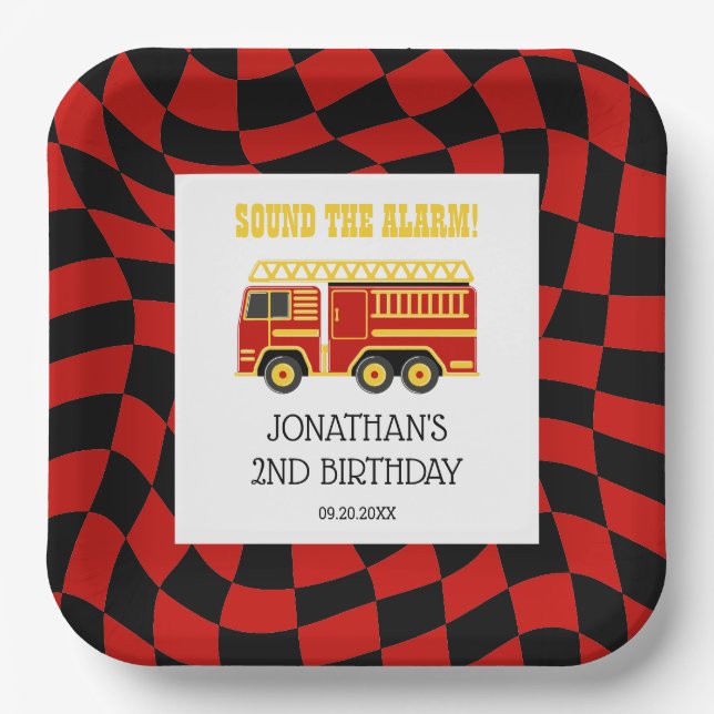 Fire Truck Black Red Checkered 2nd Birthday Paper Plates (Front)