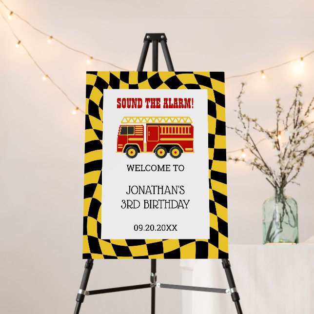 Fire Truck Black Yellow Checkered 3rd Birthday  Foam Board (In Situ (Stand))