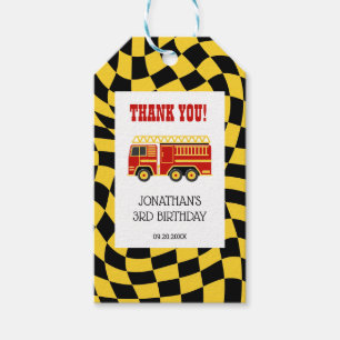 Fire Truck Black Yellow Checkered 3rd Birthday Gift Tags