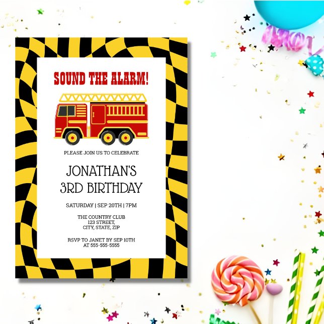 Fire Truck Black Yellow Checkered 3rd Birthday  Invitation (Creator Uploaded)