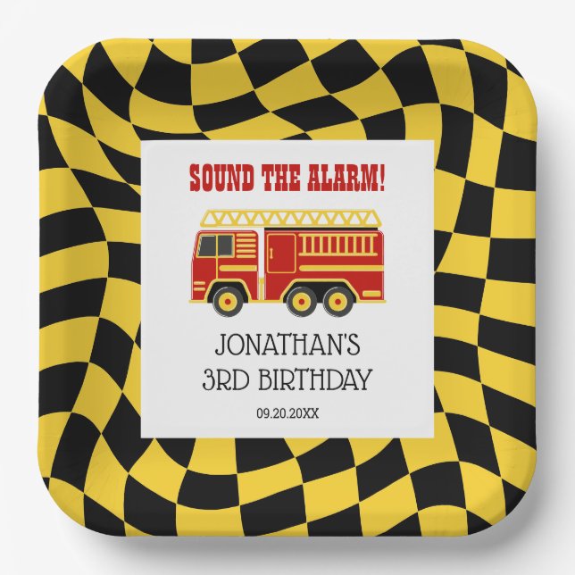 Fire Truck Black Yellow Checkered 3rd Birthday  Paper Plates (Front)
