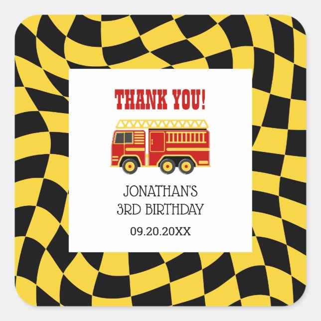 Fire Truck Black Yellow Checkered 3rd Birthday  Square Sticker (Front)