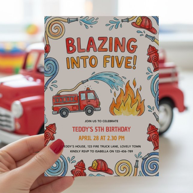 Fire Truck Blazing into Five 5th Birthday Invitation (Blazing into Five Five 5th  birthday party invitation with red fire truck and firefighter theme)