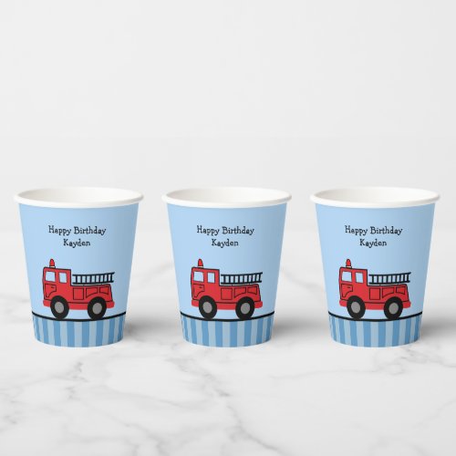 Fire Truck Blue and Red Striped Birthday Paper Cups