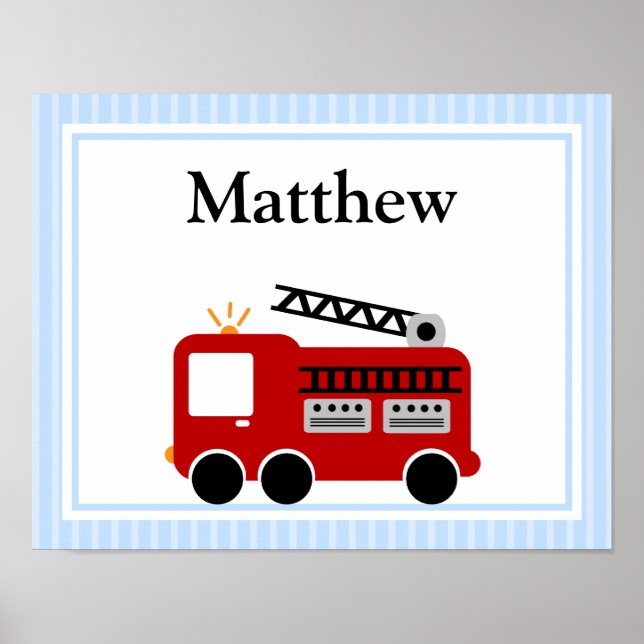 Fire Truck Blue Stripes Personalized Name Wall Art (Front)