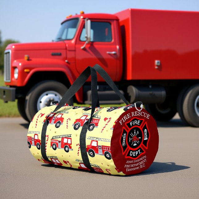 Fire Truck Candy Cane Personalized Duffle Bag (Creator Uploaded)