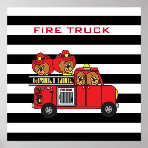 Fire Truck Cartoon Bears Poster