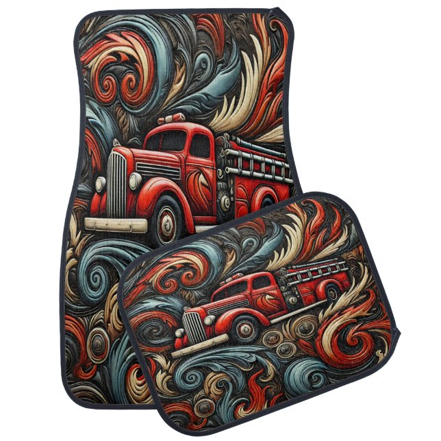Fire truck charging through fiery chaos car floor mat (Set)