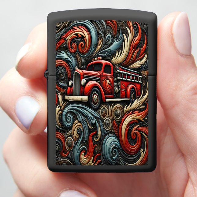 Fire truck charging through fiery chaos zippo lighter (In Hand)