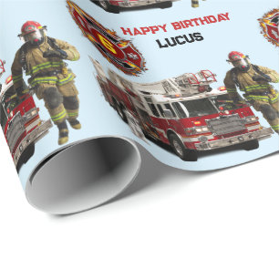 Fire Truck Child's Name & Age Fireman Running Fun Wrapping Paper