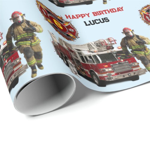 Fire Truck Childs Name  Age Fireman Running Fun Wrapping Paper