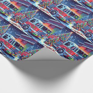 Fire Truck Christmas Tree and Snow Holiday Wrapping Paper