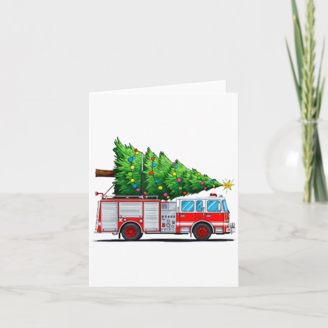 Fire Truck Christmas Tree Xmas Lights Firefighter  Card (Front)