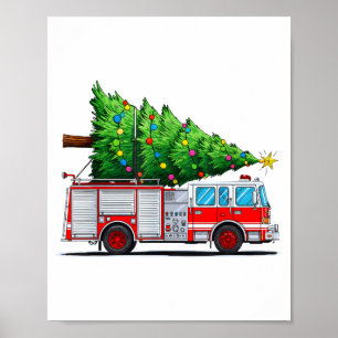 Fire Truck Christmas Tree Xmas Lights Firefighter Poster