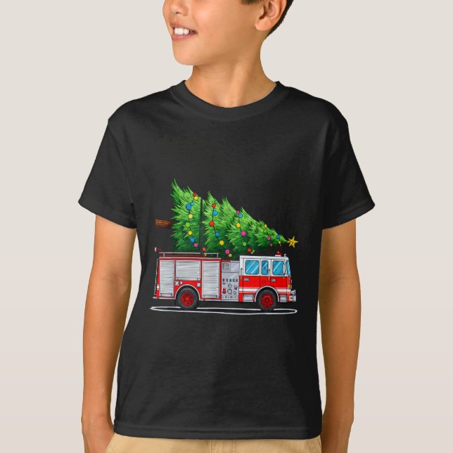 Fire Truck Christmas Tree Xmas Lights Firefighter  T-Shirt (Front)