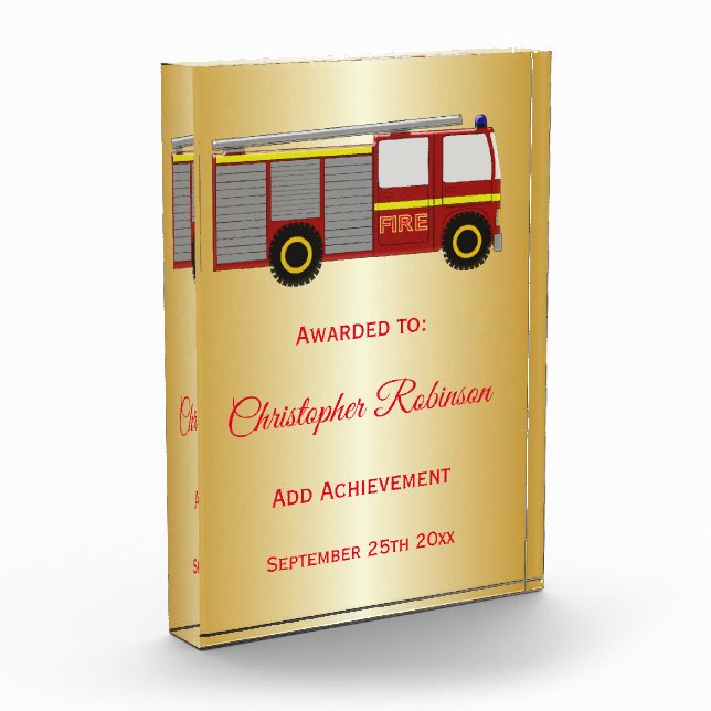 Fire Truck Design Personalised Acrylic Award (Left)