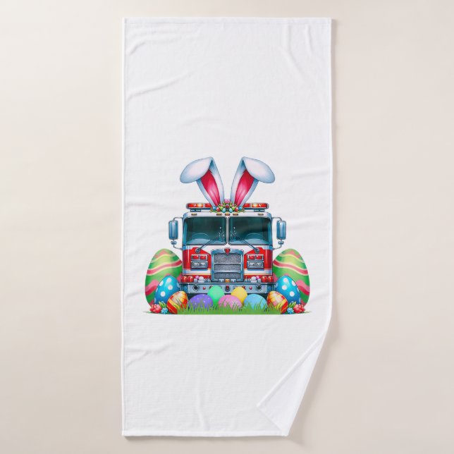 Fire Truck Easter Bunny Ears Firefighter Easter Eg Bath Towel (Bath Towel)