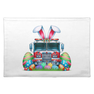 Fire Truck Easter Bunny Ears Firefighter Easter Eg Cloth Placemat