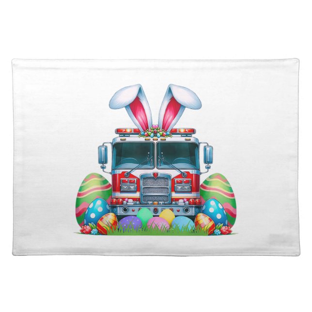Fire Truck Easter Bunny Ears Firefighter Easter Eg Cloth Placemat (Front)