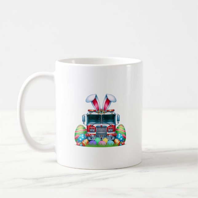 Fire Truck Easter Bunny Ears Firefighter Easter Eg Coffee Mug (Left)