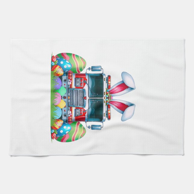 Fire Truck Easter Bunny Ears Firefighter Easter Eg Kitchen Towel (Horizontal)