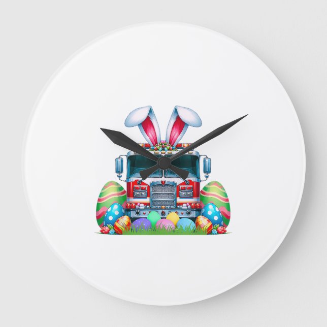 Fire Truck Easter Bunny Ears Firefighter Easter Eg Large Clock (Front)