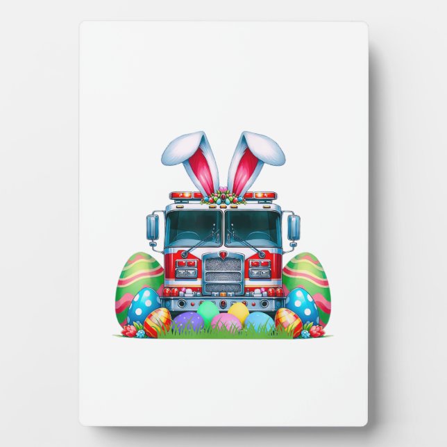 Fire Truck Easter Bunny Ears Firefighter Easter Eg Plaque (Front)