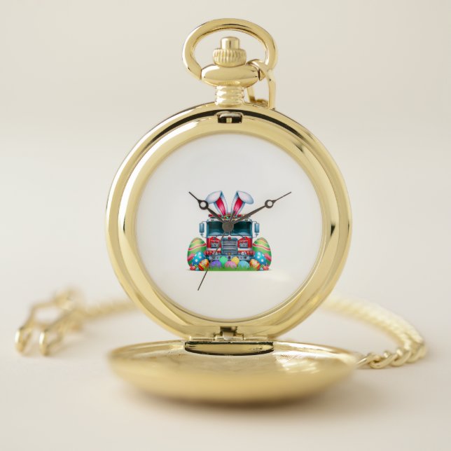 Fire Truck Easter Bunny Ears Firefighter Easter Eg Pocket Watch (Inside)
