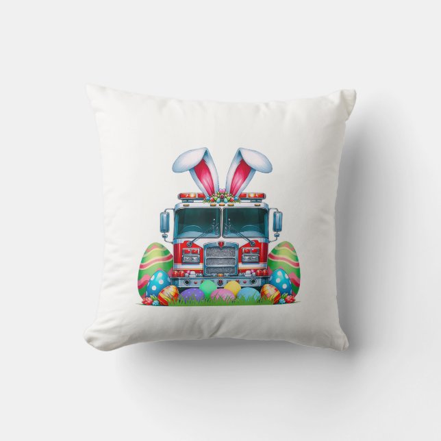 Fire Truck Easter Bunny Ears Firefighter Easter Eg Throw Pillow (Front)