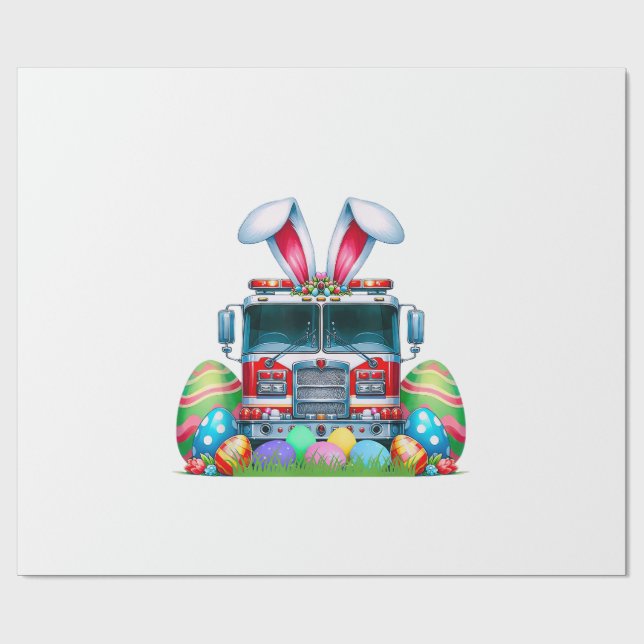 Fire Truck Easter Bunny Ears Firefighter Easter Eg Wrapping Paper (Flat)