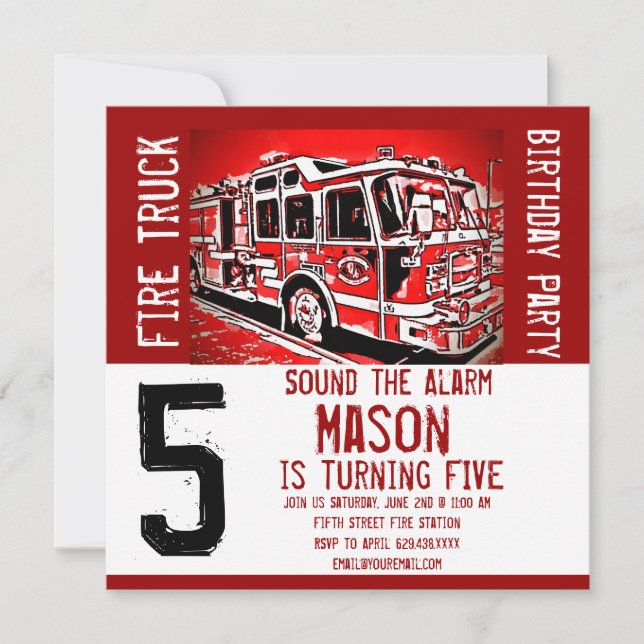 Fire Truck Engine Firefighter Birthday Invitations (Front)