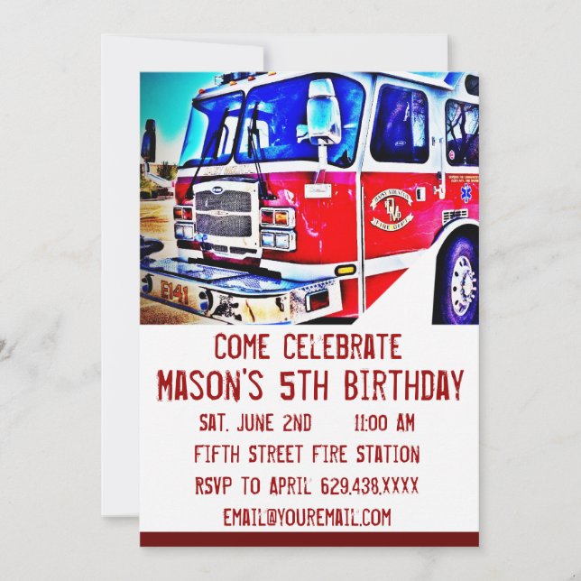 Fire Truck Engine Firefighter Birthday Invitations (Front)