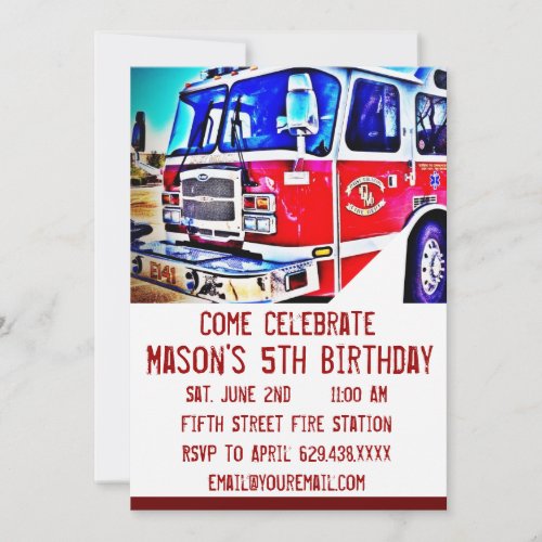 Fire Truck Engine Firefighter Birthday Invitations