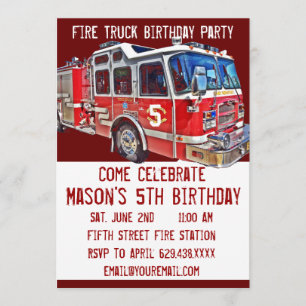 Fire Truck Engine Firefighter Birthday Invitations