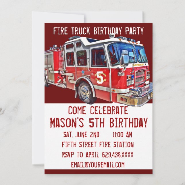 Fire Truck Engine Firefighter Birthday Invitations (Front)