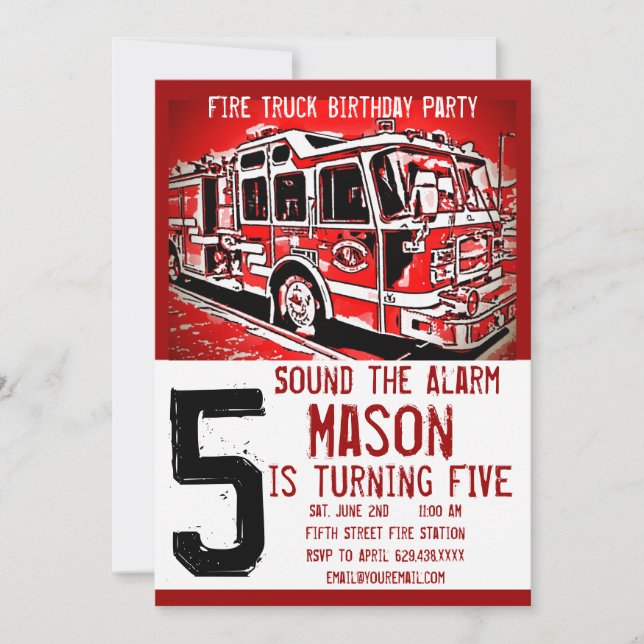 Fire Truck Engine Firefighter Birthday Invitations (Front)