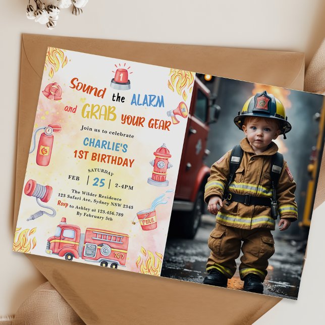 Fire Truck Fire Engine 1st Birthday Party Photo  Invitation (Creator Uploaded)