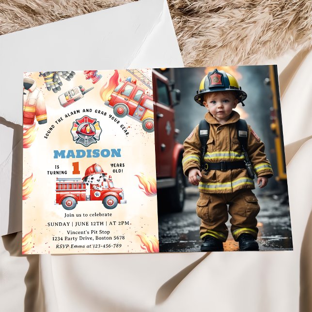 Fire Truck Fire Engine 1st Birthday Party Photo  Invitation (Creator Uploaded)