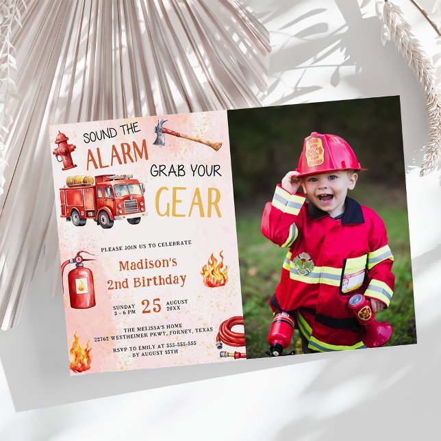 Fire Truck Fire Engine 2nd Birthday Party Photo  Invitation (Creator Uploaded)