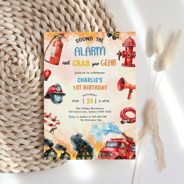  Fire Truck Firefighter 1st Birthday Party  Invitation (Creator Uploaded)