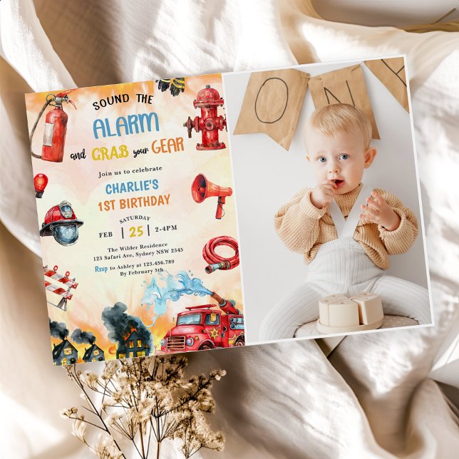  Fire Truck Firefighter 1st Birthday Party  Invitation (Creator Uploaded)