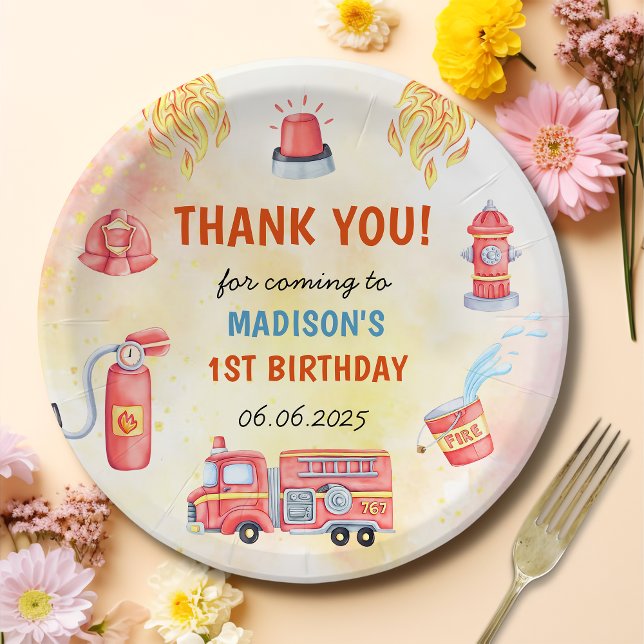 Fire Truck Firefighter 1st Birthday Party  Paper Plates (Creator Uploaded)