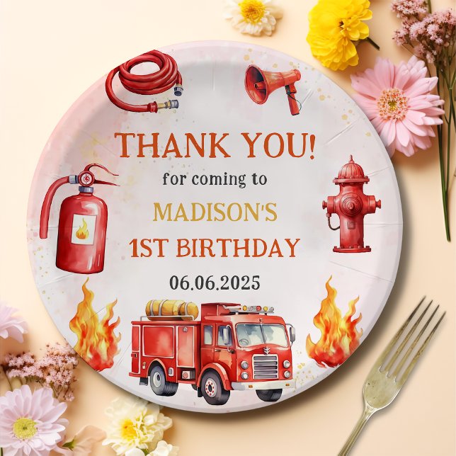 Fire Truck Firefighter 1st Birthday Party  Paper Plates (Creator Uploaded)